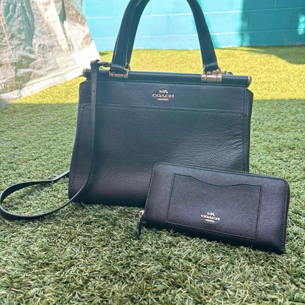 Coach Black Pebbled Leather Satchel with Matching Wallet
